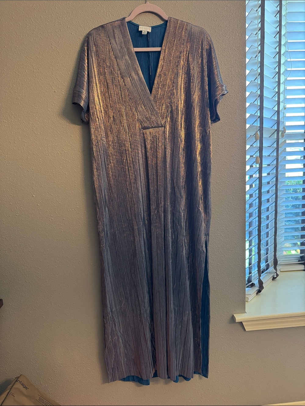 Karlie Rose Gold and Blue Metallic Pleated V-neck Maxi Dress